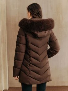 Anewsta 女士时尚休闲中长款连帽可拆卸人造毛领羽绒服，适合秋季、冬季、新年、派对、婚礼、优雅、时尚、潮流、圣诞节、节日等场合穿着。 - 咖啡棕 - 查看 3