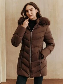 Anewsta 女士时尚休闲中长款连帽可拆卸人造毛领羽绒服，适合秋季、冬季、新年、派对、婚礼、优雅、时尚、潮流、圣诞节、节日等场合穿着。 - 咖啡棕 - 查看 2