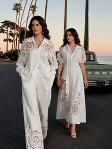 Anewsta Women's Solid Color Patchwork Lace Loose Shirt And Wide Leg Pants Set, Spring/Summer/Autumn - White - View 2