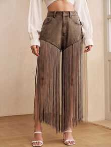 Anewsta Spring/Summer Date Photo Fashion Design Blue Tassel Light Blue Denim Shorts - Brown - View 5