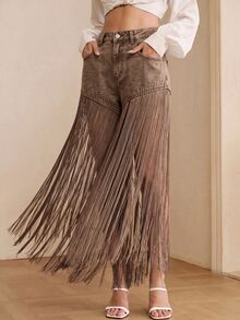 Anewsta Spring/Summer Date Photo Fashion Design Blue Tassel Light Blue Denim Shorts - Brown - View 4
