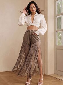 Anewsta Spring/Summer Date Photo Fashion Design Blue Tassel Light Blue Denim Shorts - Brown - View 2