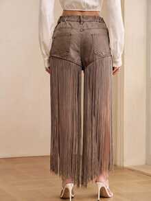 Anewsta Spring/Summer Date Photo Fashion Design Blue Tassel Light Blue Denim Shorts - Brown - View 6