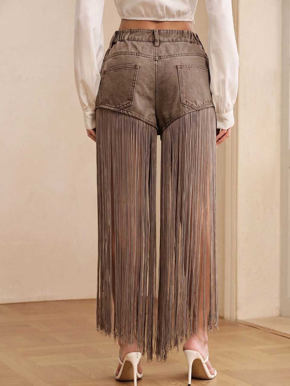 Spring/Summer Date Photo Fashion Design Blue Tassel Light Blue Denim Shorts