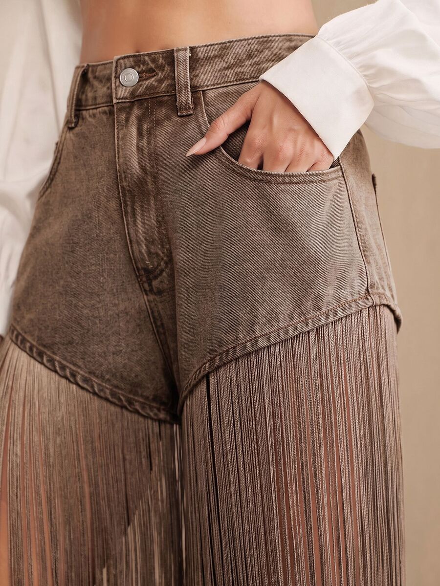 Anewsta Spring/Summer Date Photo Fashion Design Blue Tassel Light Blue Denim Shorts - Brown - View 1