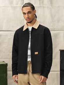 Chaqueta casual con cremallera de bloques de color negro y beige para hombre, shacket tejida de corte slim con cuello de camisa para otoño, abrigo corto vintage de vacaciones, chaqueta de trabajo - Negro - Ver 5