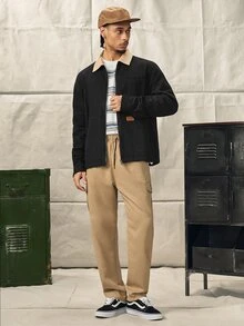 Chaqueta casual con cremallera de bloques de color negro y beige para hombre, shacket tejida de corte slim con cuello de camisa para otoño, abrigo corto vintage de vacaciones, chaqueta de trabajo - Negro - Ver 3