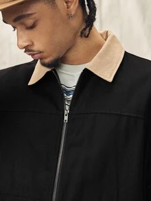 Chaqueta casual con cremallera de bloques de color negro y beige para hombre, shacket tejida de corte slim con cuello de camisa para otoño, abrigo corto vintage de vacaciones, chaqueta de trabajo - Negro - Ver 7