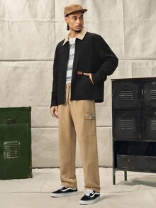 Chaqueta casual con cremallera de bloques de color negro y beige para hombre, shacket tejida de corte slim con cuello de camisa para otoño, abrigo corto vintage de vacaciones, chaqueta de trabajo - Negro - Ver 9