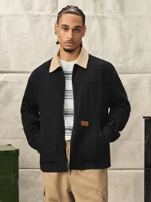 Chaqueta casual con cremallera de bloques de color negro y beige para hombre, shacket tejida de corte slim con cuello de camisa para otoño, abrigo corto vintage de vacaciones, chaqueta de trabajo - Negro - Ver 4