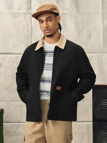 Chaqueta casual con cremallera de bloques de color negro y beige para hombre, shacket tejida de corte slim con cuello de camisa para otoño, abrigo corto vintage de vacaciones, chaqueta de trabajo - Negro - Ver 1
