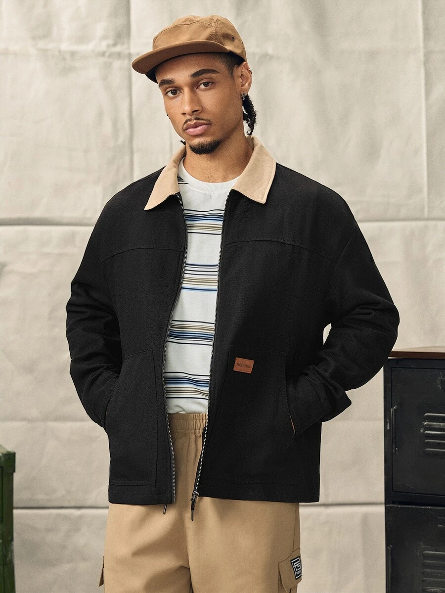 Chaqueta casual con cremallera de bloques de color negro y beige para hombre, shacket tejida de corte slim con cuello de camisa para otoño, abrigo corto vintage de vacaciones, chaqueta de trabajo - Negro - Ver 1