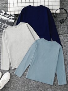 SHEIN 兒童 3件組 青少年男孩圓領長袖休閒百搭T恤 - 彩色 - 查看 2