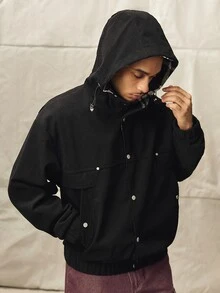 Norleigh Men's Long Sleeve Corduroy Jacket, Loose Fit Outdoor Utility Hooded Jacket, Autumn/Winter - Black - View 5