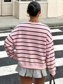 Tween Girls Casual Crew Tween Girl Neck Drop Shoulder Autumn Sweatshirt Pink Stripes - Multicolor - View 2