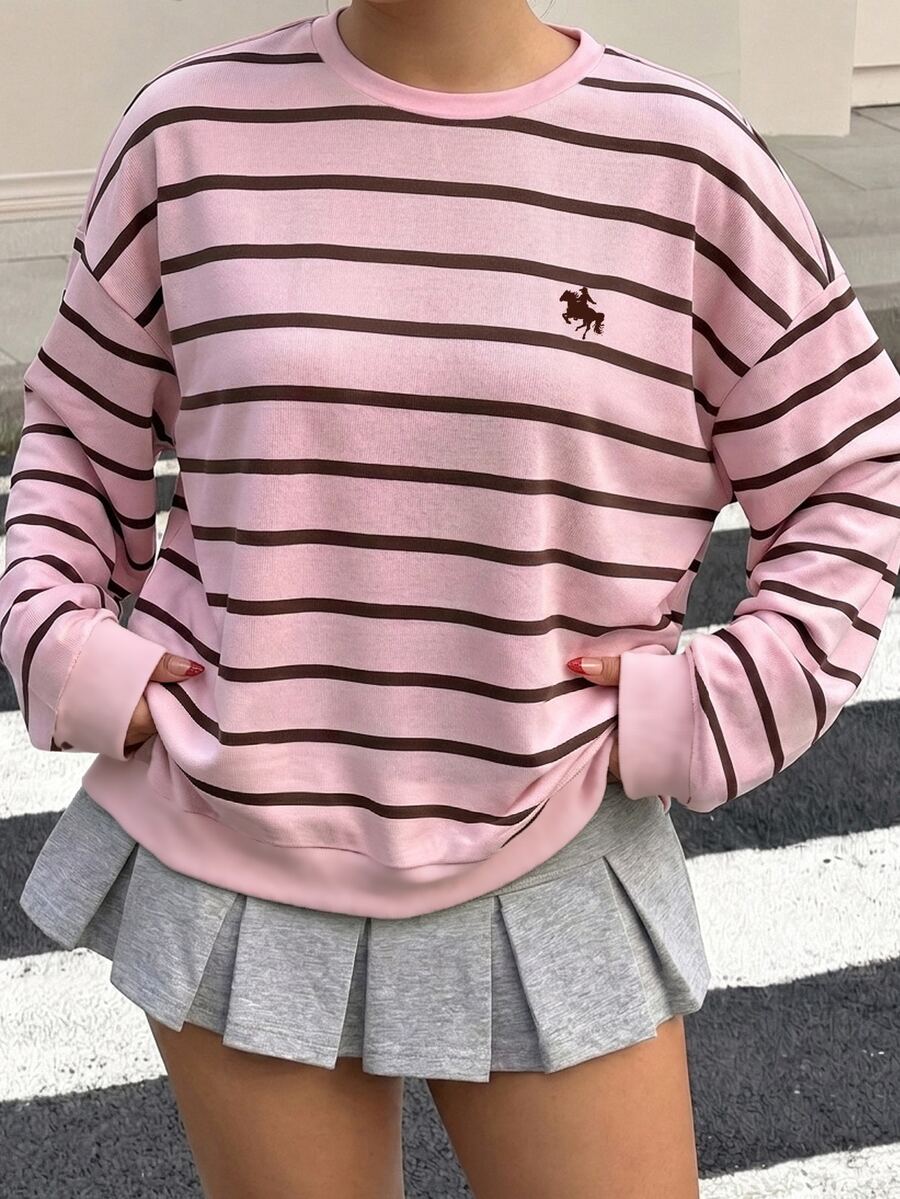 Tween Girls Casual Crew Tween Girl Neck Drop Shoulder Autumn Sweatshirt Pink Stripes - Multicolor - View 1