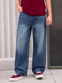 Whitmere 1pc Justice Brother Men's Loose Washed Denim Casual Baggy Wide Leg Jeans Pants (Excluding Belt/Accessories) - Royal Blue - View 4