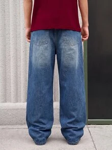 Whitmere 1pc Justice Brother Men's Loose Washed Denim Casual Baggy Wide Leg Jeans Pants (Excluding Belt/Accessories) - Royal Blue - View 3