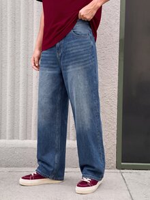 Whitmere 1pc Justice Brother Men's Loose Washed Denim Casual Baggy Wide Leg Jeans Pants (Excluding Belt/Accessories) - Royal Blue - View 5
