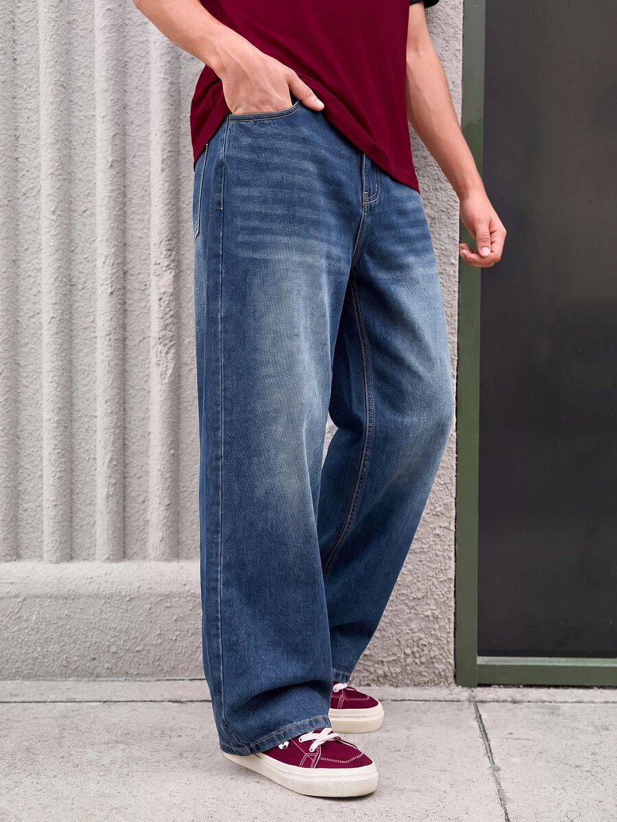 Whitmere 1pc Justice Brother Men's Loose Washed Denim Casual Baggy Wide Leg Jeans Pants (Excluding Belt/Accessories)