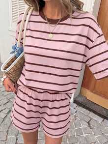 Comfylo Autumn New Arrival Women's Striped Round Neck Drop Shoulder Top And Drawstring Shorts Casual 2-Piece Set - Pink - View 6