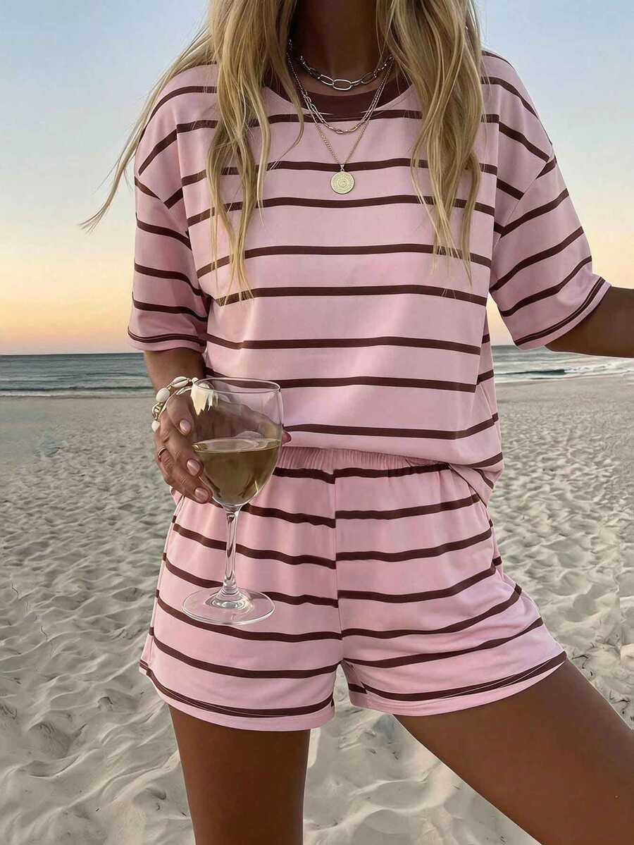 Comfylo Autumn New Arrival Women's Striped Round Neck Drop Shoulder Top And Drawstring Shorts Casual 2-Piece Set