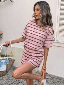 Comfylo Autumn New Arrival Women's Striped Round Neck Drop Shoulder Top And Drawstring Shorts Casual 2-Piece Set - Pink - View 5