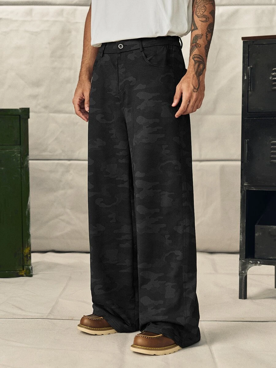 Norleigh Men's Outdoor Curved Cut Street Dark Camouflage Long Pants, Vintage Functional Cargo Wide Leg Pants - Black - View 1