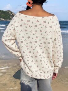 CovetEZ Sweater Lengan Panjang Motif Bunga Gaya Korea untuk Wanita, Cocok untuk Liburan - Putih - View 2
