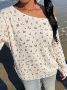 CovetEZ Sweater Lengan Panjang Motif Bunga Gaya Korea untuk Wanita, Cocok untuk Liburan - Putih - View 4