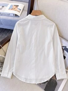 SHEIN 女童基礎款白色長袖前開鈕扣領休閒襯衫，棉混紡面料，適合學校、外出及其他場合，秋冬款 - 白色 - 查看 3