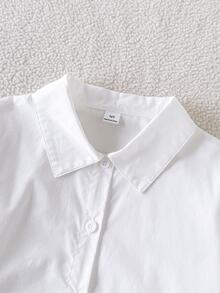 SHEIN 女童基礎款白色長袖前開鈕扣領休閒襯衫，棉混紡面料，適合學校、外出及其他場合，秋冬款 - 白色 - 查看 5