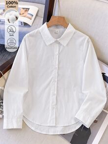 SHEIN 女童基礎款白色長袖前開鈕扣領休閒襯衫，棉混紡面料，適合學校、外出及其他場合，秋冬款 - 白色 - 查看 4
