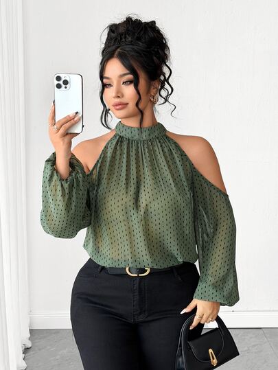 Elenzga Women's Plus Size Stand Collar Cold Shoulder Long Sleeve Back Bowknot Chiffon Printed Blouse, Elegant Versatile Shirt For Outing, Commuting, Work, Casual, Vacation