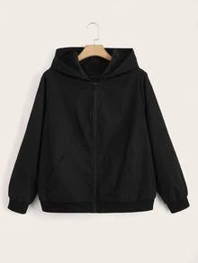 SHEIN CURVE+ Jaket Kasual Berkerudung dengan Resleting, Warna Polos, Ukuran Besar, Serbaguna/Musim Dingin/Gugur - Hitam - View 4