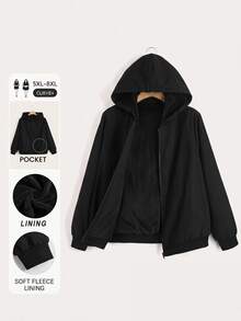 SHEIN CURVE+ Jaket Kasual Berkerudung dengan Resleting, Warna Polos, Ukuran Besar, Serbaguna/Musim Dingin/Gugur - Hitam - View 1