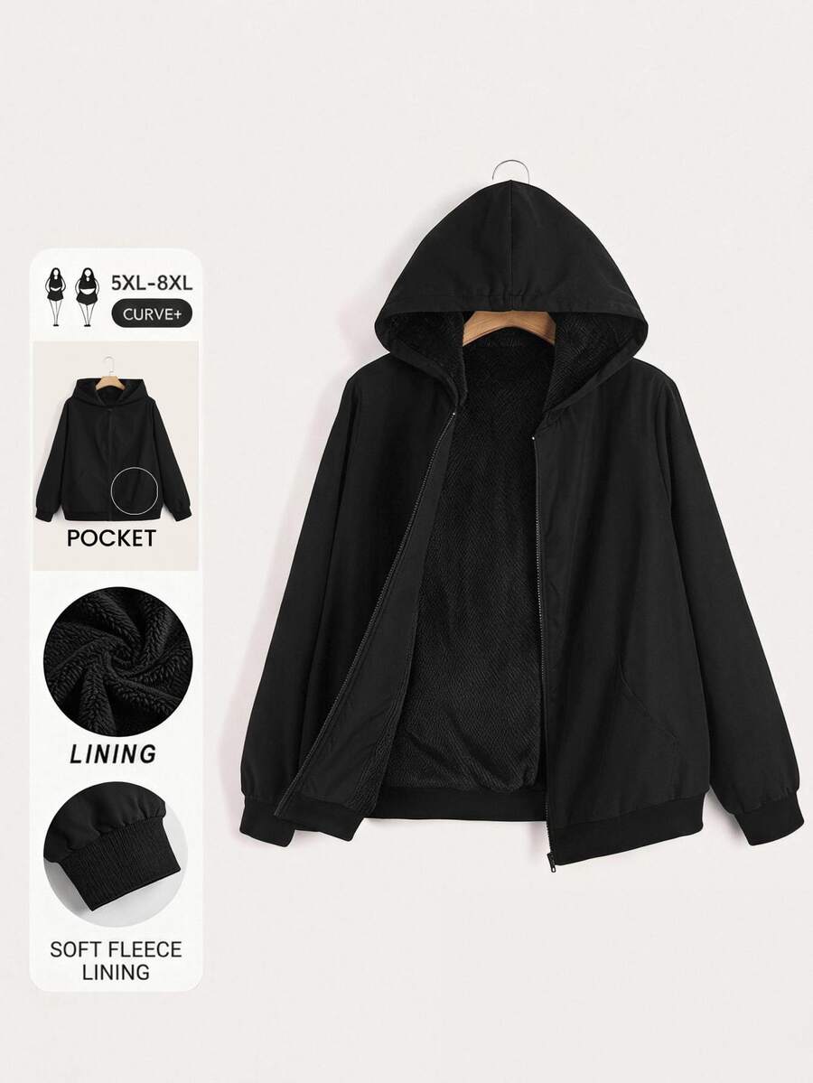SHEIN CURVE+ Jaket Kasual Berkerudung dengan Resleting, Warna Polos, Ukuran Besar, Serbaguna/Musim Dingin/Gugur - Hitam - View 1