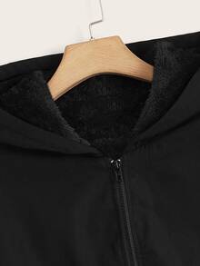 SHEIN CURVE+ Jaket Kasual Berkerudung dengan Resleting, Warna Polos, Ukuran Besar, Serbaguna/Musim Dingin/Gugur - Hitam - View 3