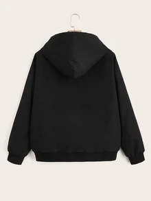 SHEIN CURVE+ Jaket Kasual Berkerudung dengan Resleting, Warna Polos, Ukuran Besar, Serbaguna/Musim Dingin/Gugur - Hitam - View 2
