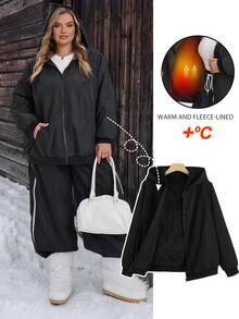 SHEIN CURVE+ Jaket Kasual Berkerudung dengan Resleting, Warna Polos, Ukuran Besar, Serbaguna/Musim Dingin/Gugur - Hitam - View 6