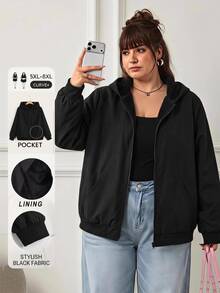 SHEIN CURVE+ Jaket Kasual Berkerudung dengan Resleting, Warna Polos, Ukuran Besar, Serbaguna/Musim Dingin/Gugur - Hitam - View 8