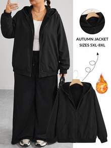 SHEIN CURVE+ Jaket Kasual Berkerudung dengan Resleting, Warna Polos, Ukuran Besar, Serbaguna/Musim Dingin/Gugur - Hitam - View 7