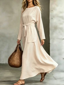 Elenzga Women's Elegant Solid Color Long Dress - Apricot - View 4
