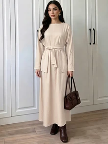 Elenzga Women's Elegant Solid Color Long Dress - Apricot - View 5