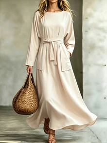 Elenzga Women's Elegant Solid Color Long Dress - Apricot - View 3