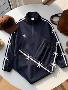 SHEIN Tween Girl Drawstring Black And White Polka Dot Letter Print Zipper Front Sweatshirt - Navy Blue - View 1