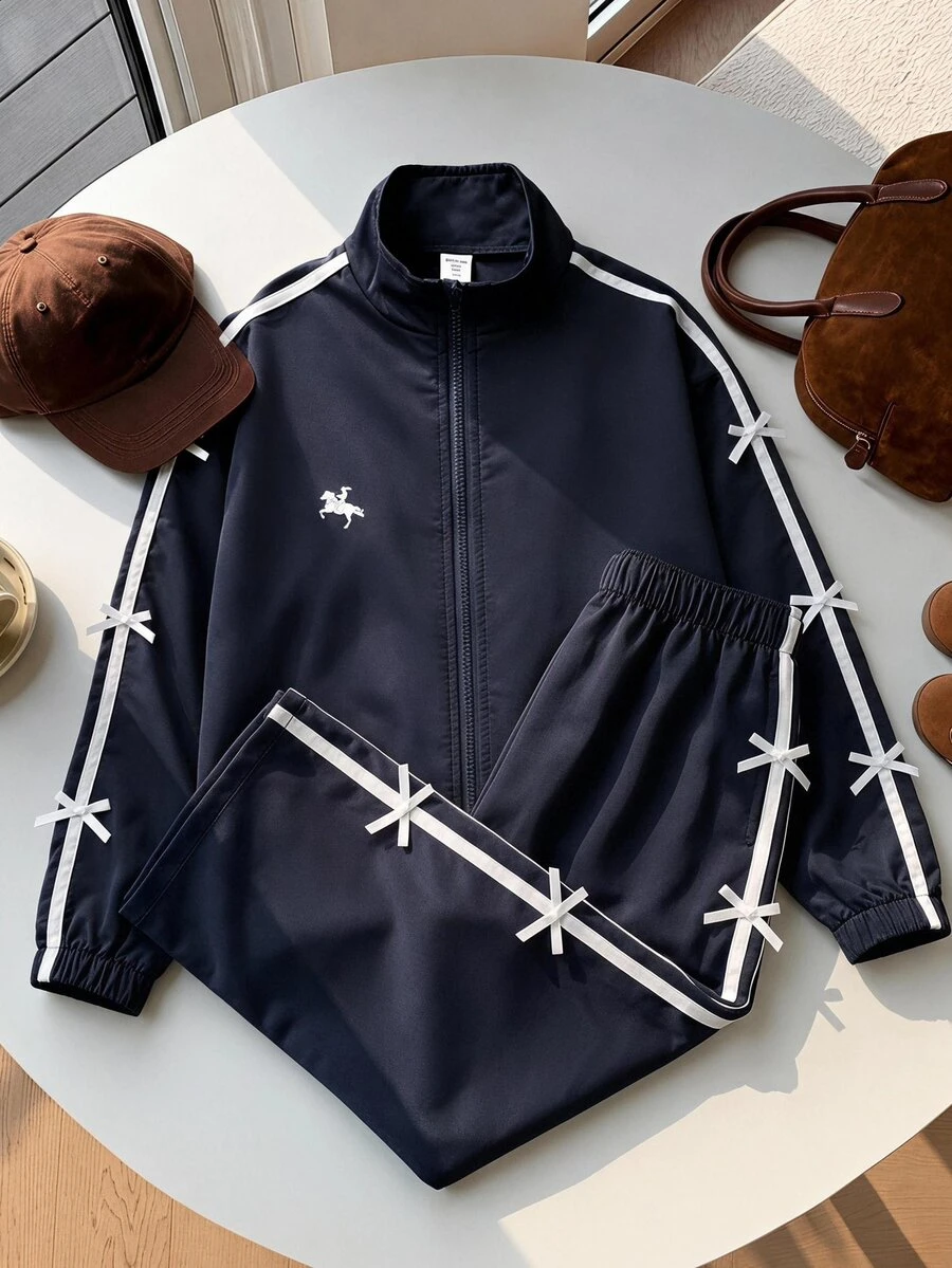 SHEIN Tween Girl Drawstring Black And White Polka Dot Letter Print Zipper Front Sweatshirt - Navy Blue - View 1