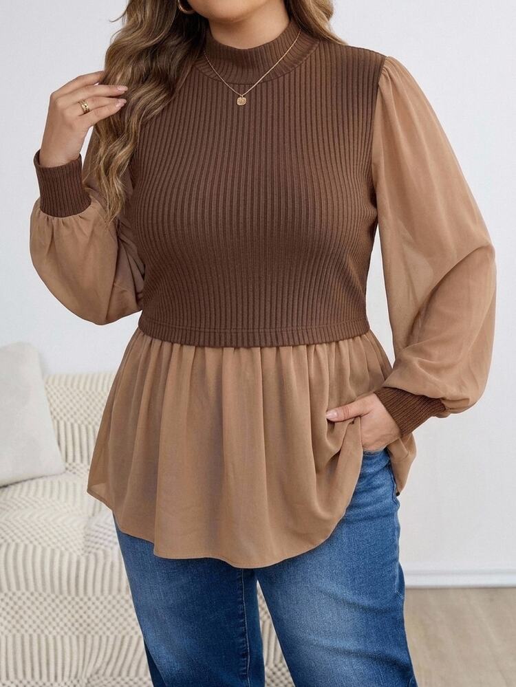 SHEIN CURVE+ 大尺碼女款長袖休閒拼接針織荷葉邊上衣 冬季 - 棕色 - 查看 3