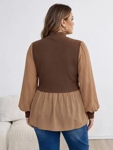 SHEIN CURVE+ Atasan Peplum Rajut Patchwork Kasual Lengan Panjang Wanita Ukuran Besar untuk Musim Dingin - Coklat - View 2