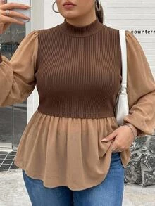 SHEIN CURVE+ Atasan Peplum Rajut Patchwork Kasual Lengan Panjang Wanita Ukuran Besar untuk Musim Dingin - Coklat - View 10